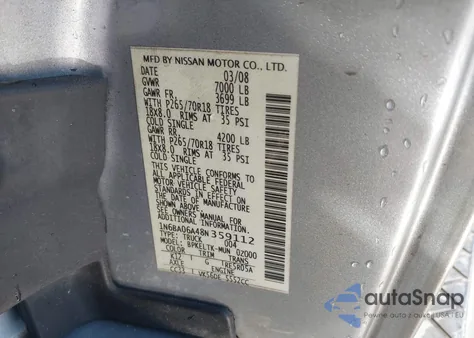 2008 Nissan Titan Le/Se/Xe from USA, damaged, VIN 1N6BA06A48N359112